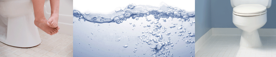 pictures of little feet hanging from toilet, water with bubbles, and a toilet base